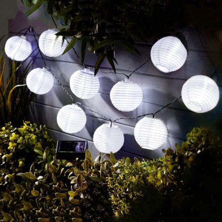Szolár lampion fényfüzér - 10 db fehér lampion, hidegfehér LED - 2,5 m