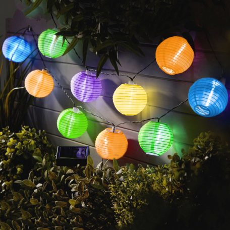 Szolár lampion fényfüzér - 10 db színes lampion, hidegfehér LED - 2,5 m